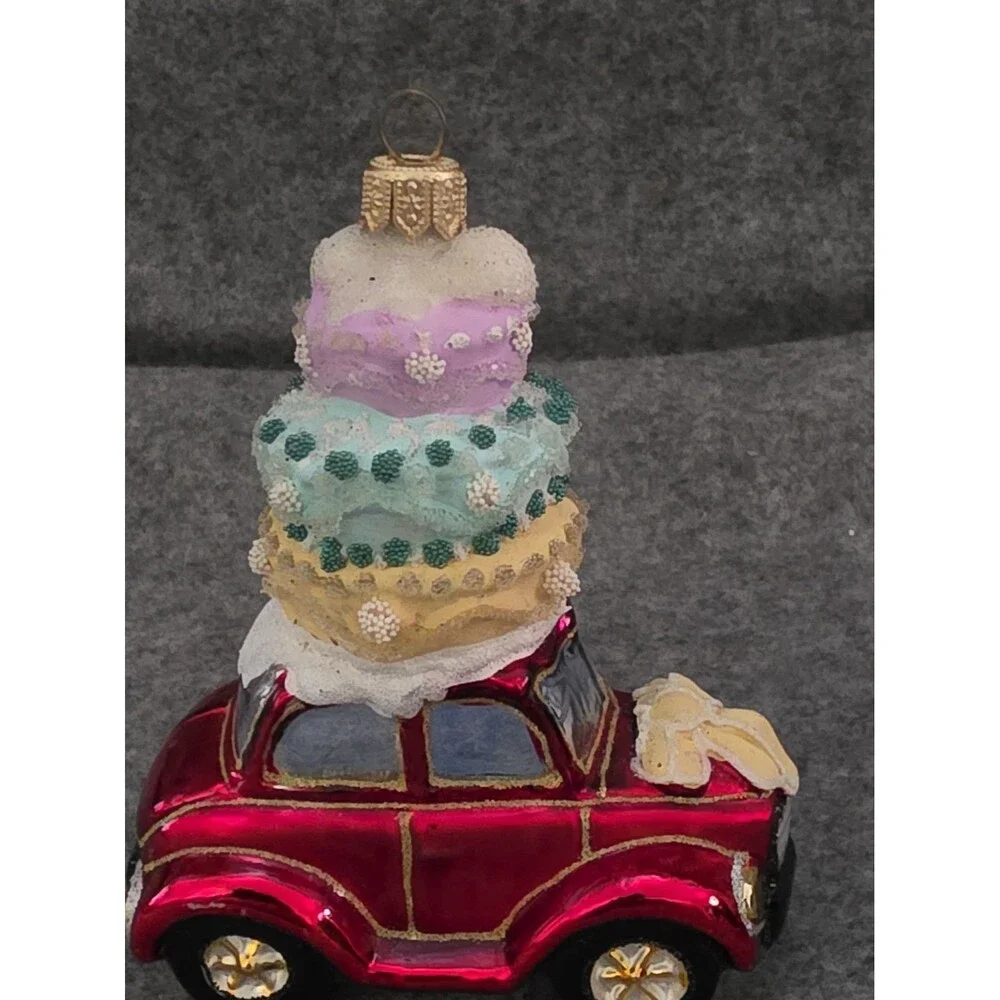 Blown Glass Santa In VW Beetle Christmas Ornament. Cake On Top.